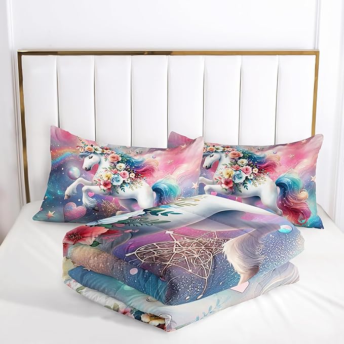 Unicorn Queen Size Bedding Set for Kids, Dreamy Unicorn with Flowers Comforter Set, Girl Room Decor with 2 Pillowcases