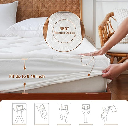 YOUR MOON Natural Wool Mattress Pad Queen – 450GSM Organic Australian Wool Mattress Topper, Quilted Fitted Mattress Bed Cover with 16" Deep Pocket, Hypoallergenic Cotton Cover (White)