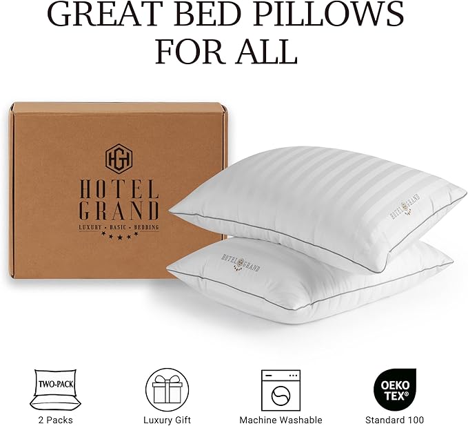 Hotel Grand Softy-Around Feather Down Pillows Queen Size Set of 6 Packs White Strip 100% Cotton Fabric Bed Pillows for All Position Sleepers,28"x20"/6 Packs