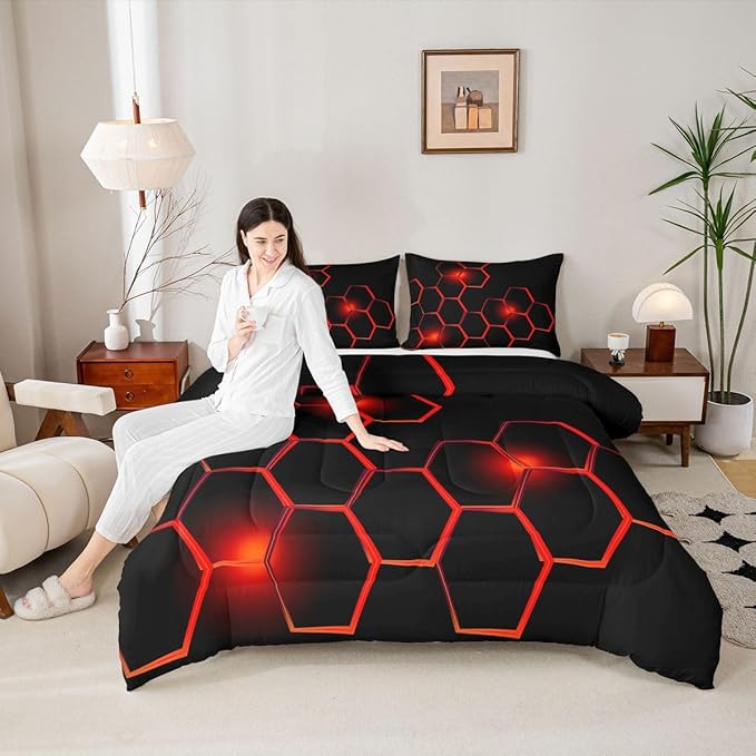 Feelyou Honeycomb Kids Comforter Set ModernHexagon Bedding Set for Boys Teens Decor Geometrical Comforter Beehive Geometric Black Red Duvet Set King Size with 3 Pillow Case Boys