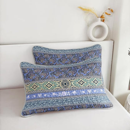 Blue Bohemian Quilt Set Full Size,Boho Striped Printed Bedding Bedding Set for Summer,Retro Soft Lightweight Microfiber Quilt with 2 Pillowcases.