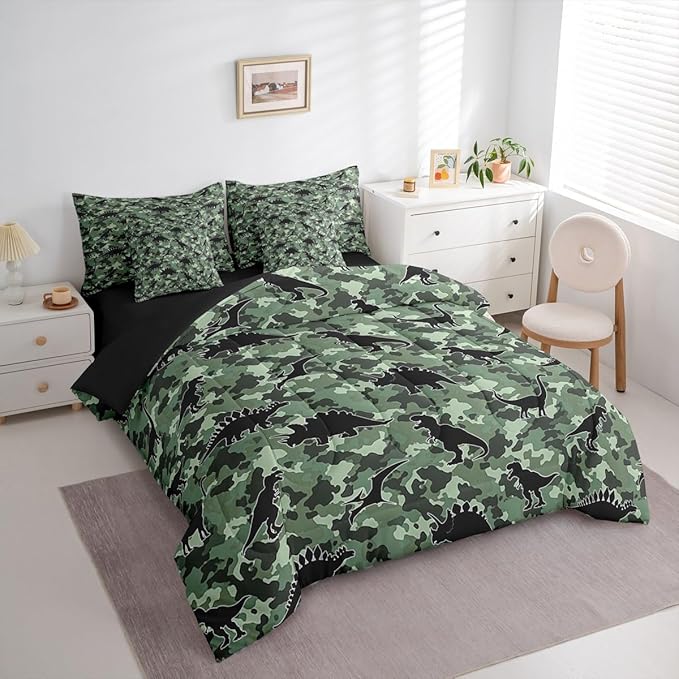 Feelyou Dinosaur 7 Piece Bedding Set Camouflage Print Comforter Set with Sheets for Kids Boys Girls Army Green Bed in a Bag Animal Theme Bed Set Soft Lightweight