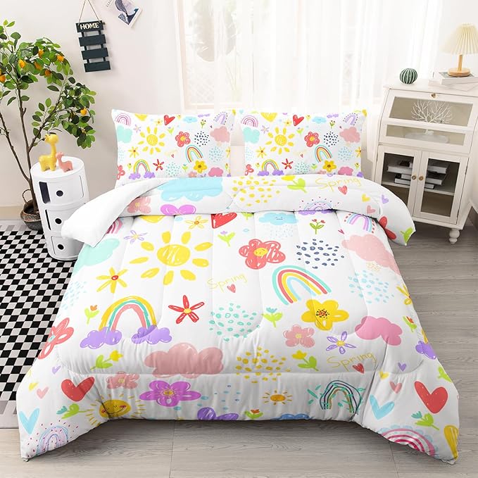 Colorful Rainbow Comforter Graffiti Cute Sun Flowers Bedding 3Pcs Full Cartoon Hearts Cloud Pattern Quilt Set for Kids Teens Girls Boys Raindrop Bed Set with 1 Comforter and 2 Pillowcases