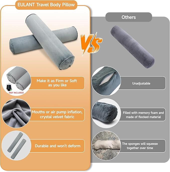 EULANT Inflatable Long Bolster Body Pillow for Adults Kids,Round Cervical Roll Cylinder Bolster Body Pillow for Hugging Sleeping,Back,Neck