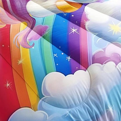 Pink Blue Unicorn Comforter 3pcs Twin Kids Clouds Rainbow Flowers Quilt Boys Girls Bedding Set Cute Printed Fantasy Room Decor Bed Set with 1 Comforter and 2 Pillowcases