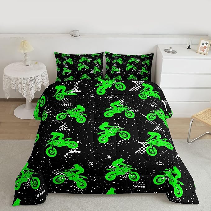 Feelyou Boys Dirt Bike Bedding Set - Cool Sports Comforter Set for Kids Motocross Rider - Fluorescent Green Bike Quilt & 2 Pillowcases - King Size