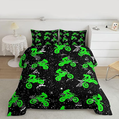 Feelyou Boys Dirt Bike Bedding Set - Cool Sports Comforter Set for Kids Motocross Rider - Fluorescent Green Bike Quilt & 2 Pillowcases - King Size