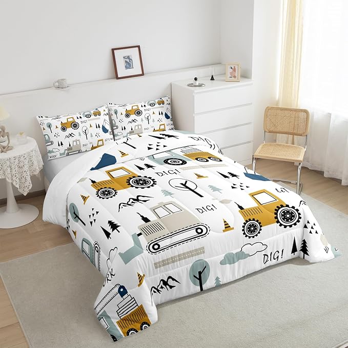 Feelyou Cartoon Car Kids Comforter Set Construction Bedding Set for Boys Toddler Decor Equipment Trucks Comforter Cartoon Car Excavator Tractor White Yellow Duvet Set Bedroom Quilt Set 3Pcs Full