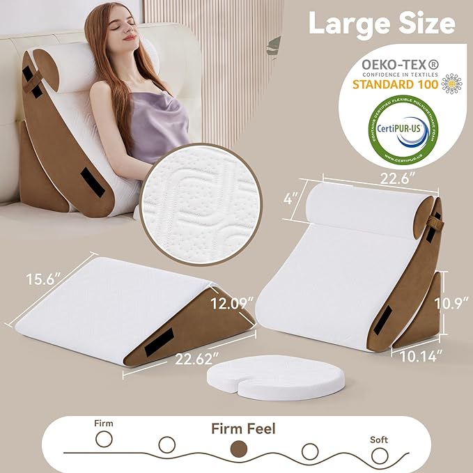 Wedge Pillow Set for After Surgery, 5 PCS Bed Wedge Pillow for Sleeping with Seat, Memory Foam Orthopedic Back Pillow for Pain Relief and Acid Reflux, Adjustable Post Surgery Pillow Brown