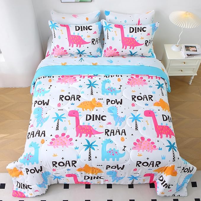 Wajade 7 Piece Kid Girls Dinosaur Comforter Set Full Size 3D Pink Dinosaur Wild Park Jungle Print Bedding Set with Comforter, Sheet Set, Pillowcase and Sham
