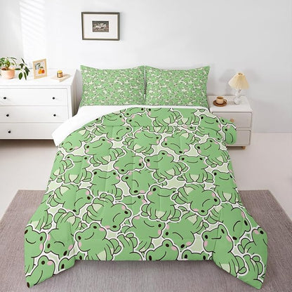 Cute Frog Kids Comforter Set King Size,Cartoon Animals Bedding Set 3pcs for Boys Girls Teens Bedroom Decor,Summer Natural Quilt Set Green Watercolor Duvet Insert with 2 Pillowcases