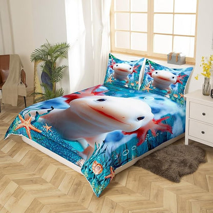 Cute Axolotl Duvet Cover Set King Size,Seaweed Coral Conch Comforter Cover with 2 Pillowcases Bedspread,Sea Creatures Theme Microfiber Quilt Cover for Adult Women, 3 Pieces