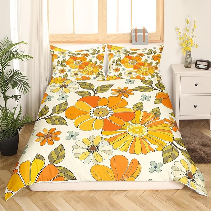 Retro Flowers Bedding Set Queen Size,Watercolor Yellow Floral Green Leaves Plant Duvet Cover Set for Children Bedroom Present, 70s Trippy Daisy Microfiber Comforter Cover with 2 Pillowcases