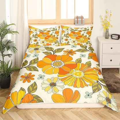 Retro Flowers Bedding Set Queen Size,Watercolor Yellow Floral Green Leaves Plant Duvet Cover Set for Children Bedroom Present, 70s Trippy Daisy Microfiber Comforter Cover with 2 Pillowcases