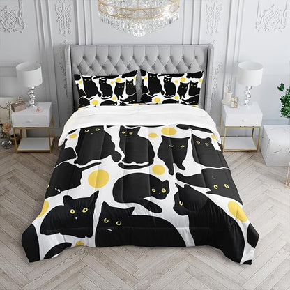Kids Bedding 3Pcs Cartoon Black Cat Bedding Set Twin Yellow Polka Dots Pattern Comforter Set for Teens Kids Boys Girls Adults Cute Cat Quilt Bed Decor Set with 1 Comforter and 2 Pillowcases