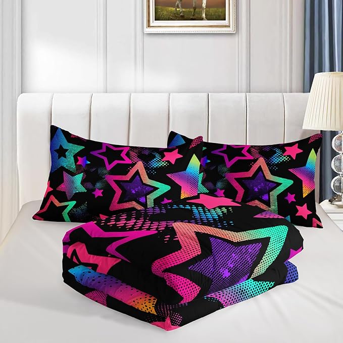 Kawaii Color Star Comforter Set Kids Bedroom Set,Neon Light Star Bedding Twin Size Comforter Sets for Boys Girls Room Decor,Aesthetic Bedding Sets with 2 Pillowcases.