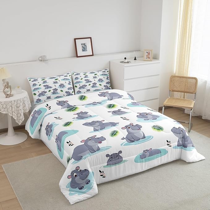 Cartoon Hippo Kids Comforter Set King Size 3 Pcs Cute Wild Animal Rustic Style Bedding Set for Boys Girls Teens Blue Water Green Leaves Hippie Quilted Comforter with 2 Pillowcases