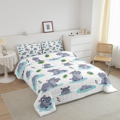 Cartoon Hippo Kids Comforter Set Full Size 3 Pcs Cute Wild Animal Rustic Style Bedding Set for Boys Girls Teens Blue Water Green Leaves Hippie Microfiber Duvet Set with 2 Pillowcases