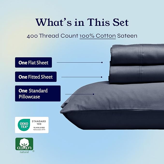 California Design Den Twin XL Sheet Sets - Soft 400 Thread Count Sateen, Natural 100% Cotton Sheets with Deep Pockets, Durable Bedding Set - Indigo Dusty Blue