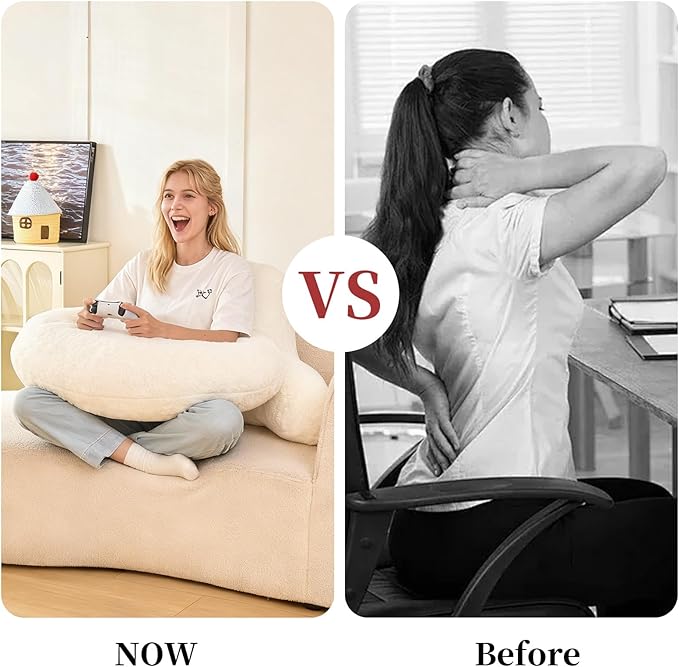 Reading Pillow for Bed,U Shaped & Back Support Pillow for Bed,19" Backrest with Lumbar & Arm Support,Luxurious Faux Rabbit Fur,Gaming PillowFor Crochet/Reading/Watching TV,White