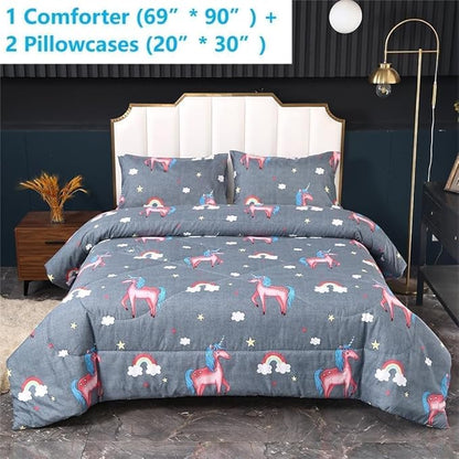 SDIII 3PCS Gray Unicorn Comforter Set Twin, Soft Microfiber Lightweight Twin Girls Comforter, Princess Unicorn Bedding Quilt for Girls Kids and Teens
