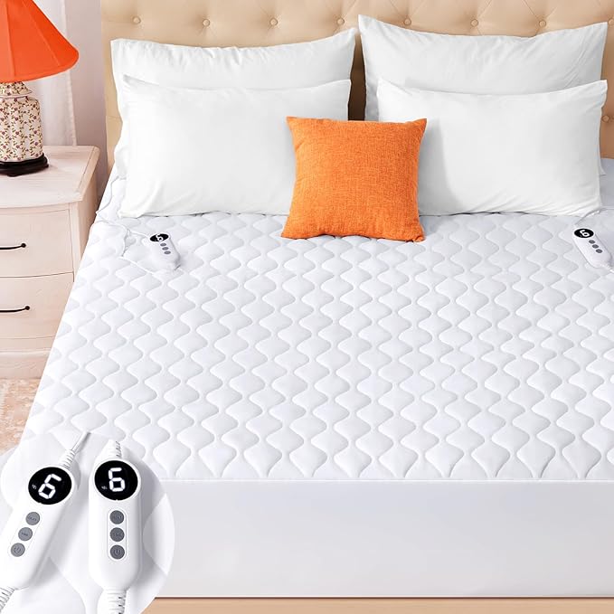 Heated Mattress Pad King Size, Quilted Fitted Electric Mattress Pad with 9 Heat Setting Controller, 2/4/6/10 Hours Auto Off, Soft Mattress Cover Stretches up to 21 Inches Deep, White