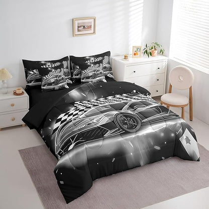 Feelyou Grey Racing Car 7 Piece Bedding Set Full Size Extreme Sport Comforter Set with Sheets for Kids Boys Girls Teens Toddler Fast and Furious Bed in a Bag Black White Flag Bed Set