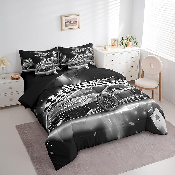 Feelyou Grey Racing Car 7 Piece Bedding Set Queen Size Extreme Sport Comforter Set with Sheets for Kids Boys Girls Teens Toddler Fast and Furious Bed in a Bag Black White Flag Bed Set