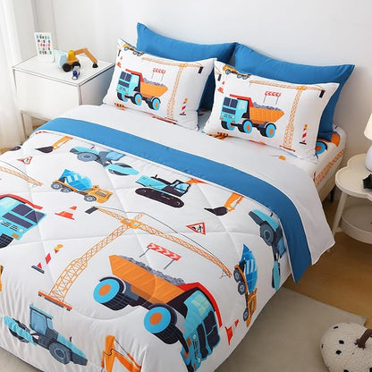 7 Pieces Boys Comforter Set Twin Size Excavator Bedding Set Cartoon Car Kids Bed in a Bag Construction Truck Bedding for Children Kids Boys Teens for Birthday Choice