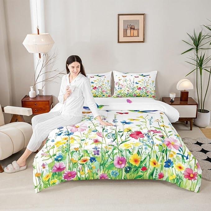 Erosebridal Wildflower King Bedding Set for Girls,Colorful Boho Floral Comforter Set for Kids Women,Spring Flower Butterfly Hummingbird Quilt,Botanical Flowers Bedroom Decor with 2 Pillowcases