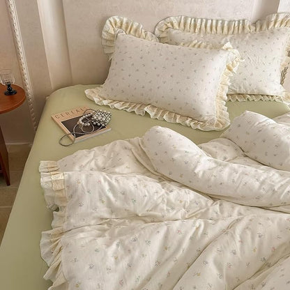 BuLuTu Vintage Lace Ruffled Duvet Cover Set King, Cottagecore Floral Princess Bedding Set, Soft Muslin Cotton Garden Botanical Comforter Cover with Zipper Closure, Romantic Bedroom Decor