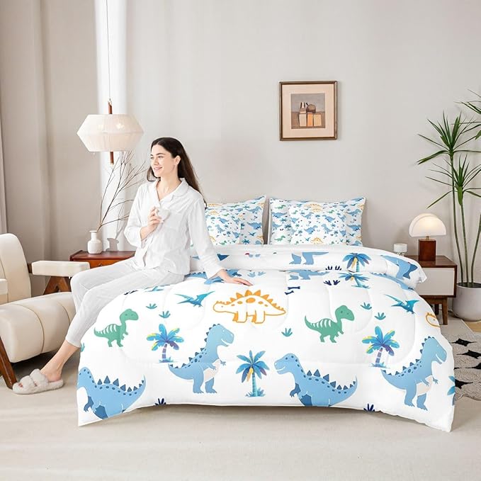 Feelyou Cute Dinosaur 7 Piece Bedding Set Blue Dinosaur Comforter Set with Sheets for Kids Boys Girls Coconut Palm Bed in a Bag Animal Theme Bed Set Soft Lightweight