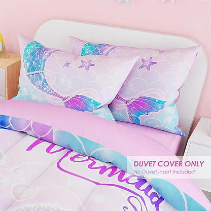 SANDJEST Mermaid Duvet Cover Sets Twin Size for Kids Girls, Include 1 Polyester Comforter Cover 68x86 Inches and 1 Pillowcase 20x26 Inches, Comforter Not Included, Gift for Christmas Birthday