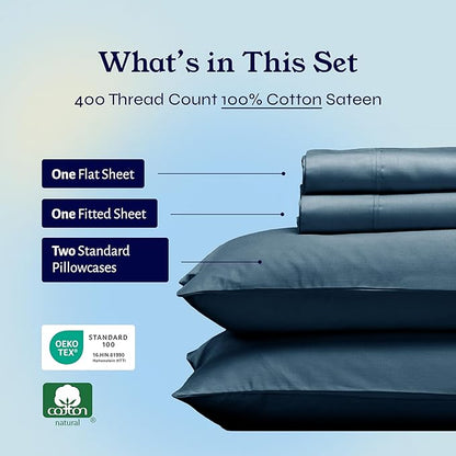 California Design Den Full Size Bed Sheets Set - Soft 400 Thread Count Sateen, Natural 100% Cotton Sheets with Deep Pockets, Breathable, and Durable Bedding Set - Peacock Blue