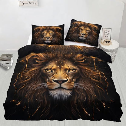 Lion Duvet Cover California King, Trippy Golden Lion Bedding Set 3 Piece Bedroom Decor Modern Wild Animal Patterned Comforter Cover with Zipper Ties & 2 Pillowcases