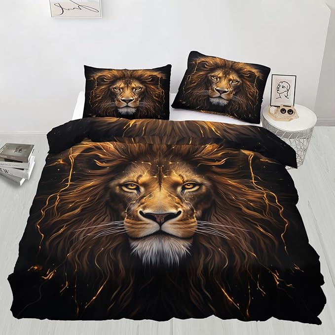 Lion Duvet Cover Queen Size, Trippy Golden Lion Bedding Set 3 Piece Bedroom Decor Modern Wild Animal Patterned Comforter Cover with Zipper Ties & 2 Pillowcases