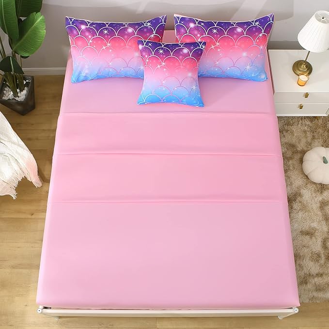 6Pcs Meimaid Scale Comforter Set with Sheets for Teens Girls Kids, Colorful Gradient Glitter Themed Bed in a Bag Full Size, Pink Blue 3D Sparkly Scale Bedroom Decor Bedding Set