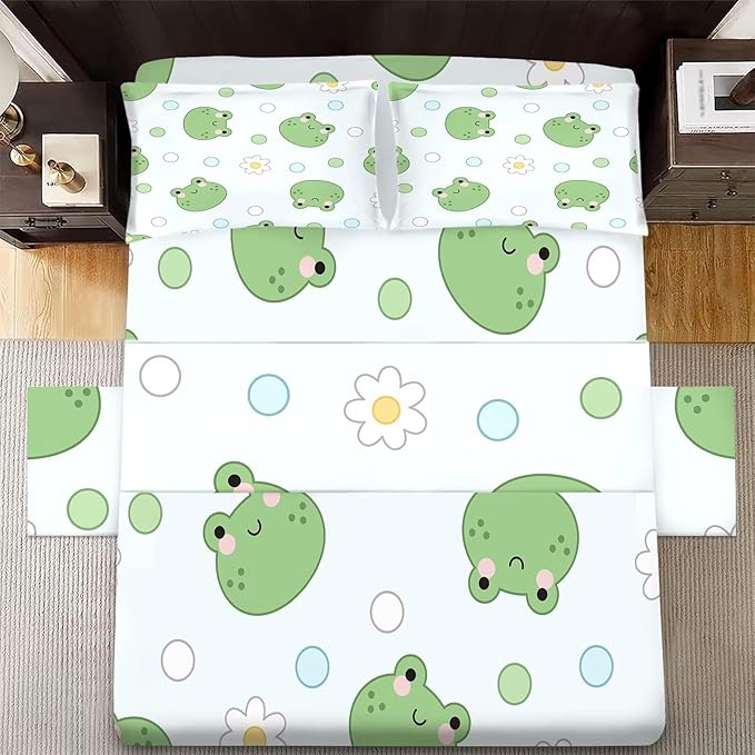 Frog Sheets Set Twin: Kawaii Flower Frogs Bedding for Kids Girls Teens Bedroom Bed - 1 Flat Sheet, 1 Fitted Sheet, 1 Pillowcase