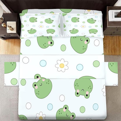 Frog Sheets Set Twin: Kawaii Flower Frogs Bedding for Kids Girls Teens Bedroom Bed - 1 Flat Sheet, 1 Fitted Sheet, 1 Pillowcase