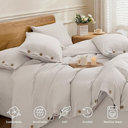 JELLYMONI Cotton Duvet Cover Super Queen Size - Beige Comforter Cover with Button 100% Washed Cotton 3PCS Breathable Soft Solid Bedding Set Duvet Cover 98×90in & 2 Pillowcases (NO Comforter)