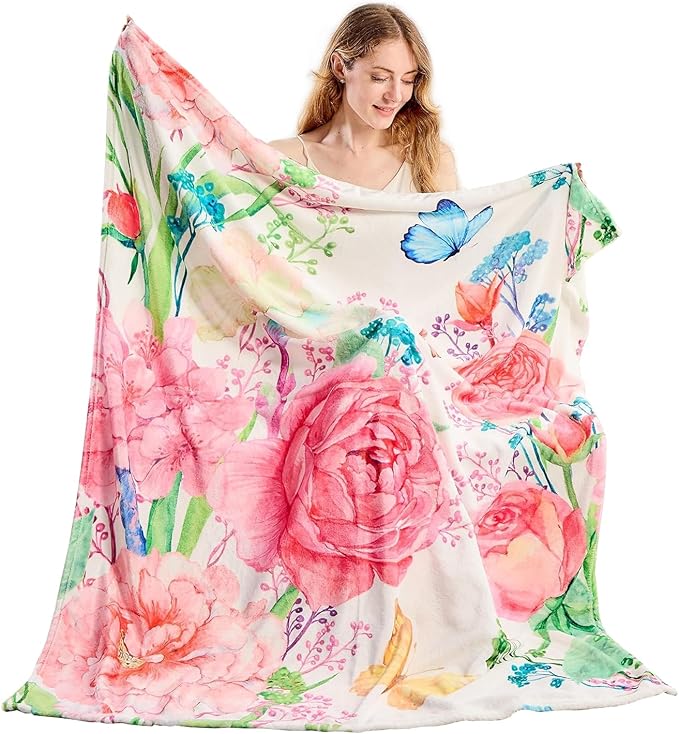 Floral Throw Blanket Birthday for Mom Women Watercolor Flowers Blanket Soft Fuzzy Flannel Bed Blanket Plush Floral Throw for Couch Sofa Bed Chair 60"x80"