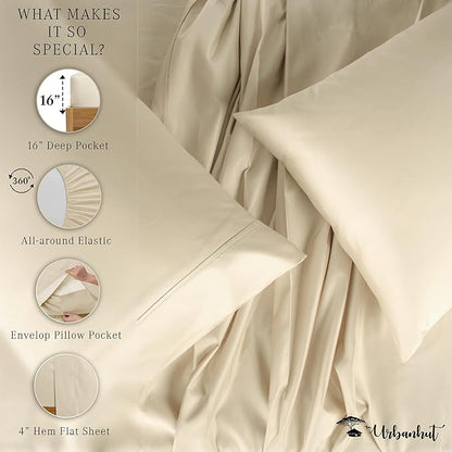 URBANHUT 1000 Thread Count Queen Sheets Set Egyptian Cotton, Long Staple Soft & Breathable, 4 Pc Bed Sheet Sets for Queen Size Bed, Luxury Hotel Sateen Sheets Fits 16" Deep Pocket - Ivory New
