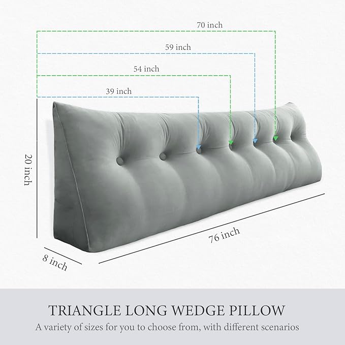 Headboard Pillow - 3 in 1 Large Bed Pillow as Wedge Reading Pillow, Large Couch Daybed Pillow or Positioning Support Backrest Back Cushion for Sitting in Bed Velvet Twin Gray