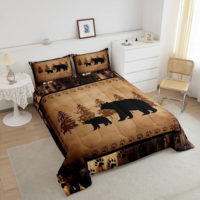 Feelyou Bear Comforter Set Full Size Farmhouse Wild Animal Comforter Retro Bear Family Bedding Set for Kids Boys Girls Brown Bear Paws Duvet Set Rustic Bedroom Decor Quilted Set 3Pcs