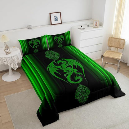 Feelyou Green Dragon Comforter Set Gradient Ombre Green Teens Women Bedding Set for Kids Boys Girls Vintage Boho Paisley Decor Comforter Exotic Trippy Quilt Set 2Pcs Twin Size