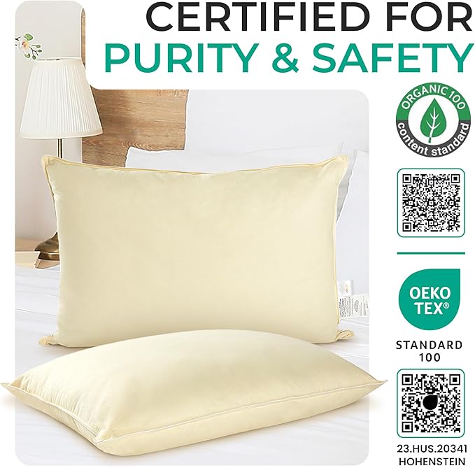 Cheer Collection Set of 2 Organic Kapok Bed Pillows, Natural Kapok Fiber Filled Sleeping Pillows with Breathable Cotton Shell, King Size, 20 x 36 inches