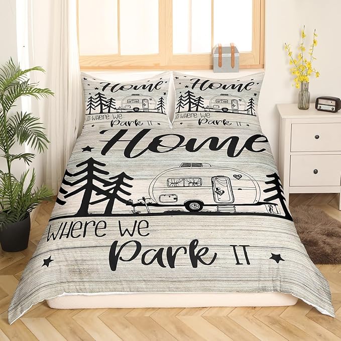 RV Happy Camping Bedding Set Queen Size,Home is Where We Park It Duvet Cover Set for Children Bedroom Present, Rustic Farm Camping Lovers Microfiber Comforter Cover with 2 Pillowcases