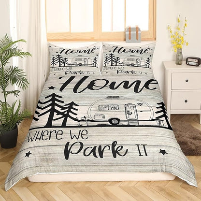RV Happy Camping Duvet Cover Set King Size,Home is Where We Park It Comforter Cover with 2 Pillowcases,Rustic Explore Camper Vanlife Modern Bedding Set for Adult Young Bedroom Xmas Gift