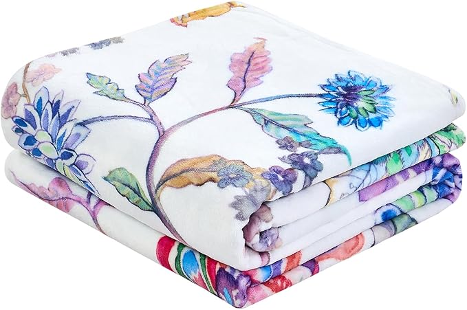 Floral Throw Blanket Birthday Gift for Women Mom Girls Peacock Flowers Blanket Summer Wildflower Flannel Blanket Watercolor Printed Throw for Couch Sofa Bed Chair 50"x60"