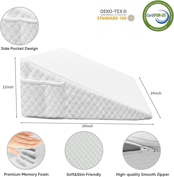 Wedge Pillow, 12 Inch Bed Wedge Pillow for Headboard, Pillow Wedge for Acid Reflux Relief, After Surgery, Sleeping，Back Pain Relief, Memory Foam Top, White